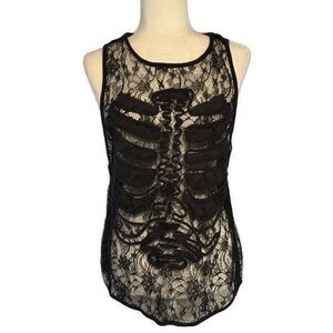 Foreign Exchange Solid Black Lace Rib Cage Print Sheer Tank Top Small